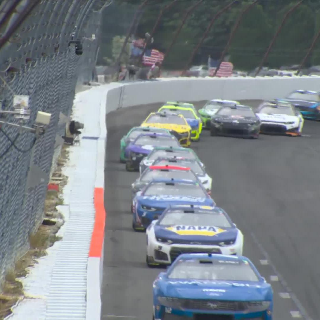 Not a lot of room to go three-wide exiting Turn 3. Josh Berry makes contact with the wall, and multiple cars are collected.