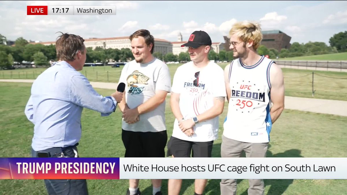 'This is like America's biggest sports event ever.' In honour of Trump's 80th birthday and 250 years of America, the White House is hosting a UFC cage fight on the South Lawn. Mark Stone asks three attendees why they came down 📺 Sky 501