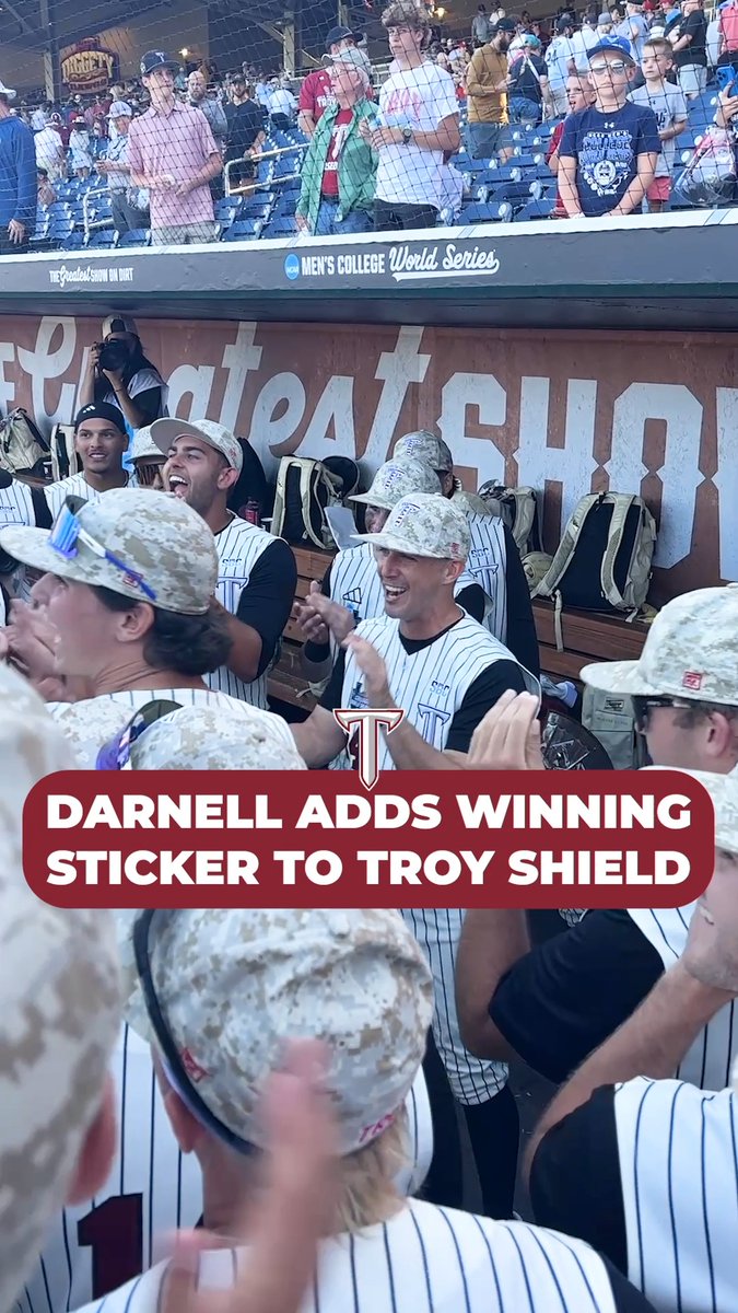 Player of the Game Sean Darnell adds his sticker to the Troy Baseball ⚔️ shield after program's first-ever MCWS win 🛡️ #MCWS