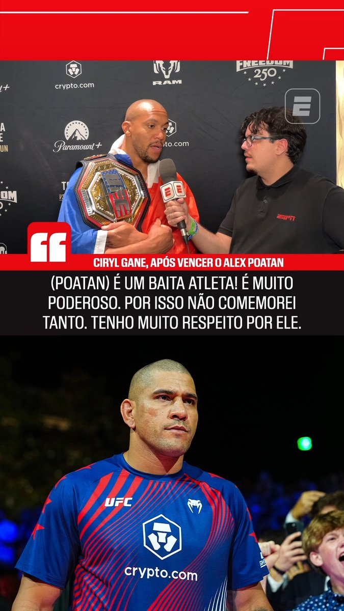 "BAITA ATLETA" 👀 Ciryl Gane demonstrou MUITO respeito por Alex Pereira após vitória no coevento principal do UFC Casa Branca! O francês conquistou o título dos pesos pesados do UFC e tirou a chance do Poatan de ser o primeiro triplo campeão da história. #ESPNKnockOut #UFC