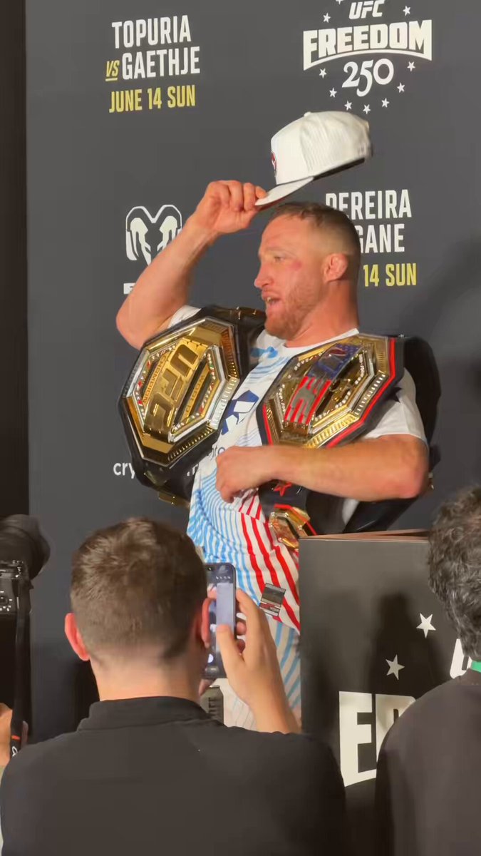 Justin Gaethje was showing off his abs after the body shots he took from Ilia Topuria in their UFC Freedom 250 main event “I’m made of steel baby”