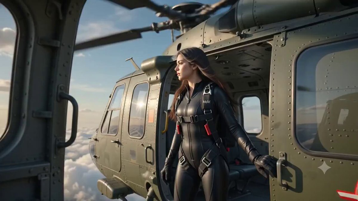 Created with Gemini Nano Banana Pro Prompt: A breathtaking cinematic skydiving sequence begins inside a military-style helicopter flying at 15,000 feet above a sea of clouds during golden hour. The camera slowly moves through the helicopter cabin, revealing a fearless young woman skydiver wearing a sleek black wingsuit-inspired jumpsuit, professional parachute harness, tactical gloves, and aerodynamic goggles. Her long dark hair moves gently in the wind coming through the open side door. The helicopter's powerful rotor blades spin overhead, creating realistic motion blur and dynamic vibrations. Sunlight streams through the cabin, casting dramatic rays and cinematic shadows across her determined face. The camera captures an intense close-up of her eyes as she looks toward the endless horizon. As epic orchestral music builds, she steps to the edge of the helicopter. The camera switches to a dramatic low-angle shot showing the vast sky and breathtaking world below. In slow motion, she leaps into the open air. Time seems to freeze as she exits the aircraft, with tiny particles of dust and sunlight sparkling around her. The camera follows her from multiple cinematic angles: front-facing tracking shots, side-profile action shots, over-the-shoulder aerial perspectives, and wide drone-style views. Her body glides smoothly through the atmosphere as clouds rush past. Her hair flows dynamically in the wind while realistic fabric physics animate her suit and parachute straps. Below her lies an incredible landscape of towering mountain ranges, turquoise lakes, winding rivers, deep valleys, dense forests, and snow-capped peaks stretching endlessly to the horizon. Volumetric clouds cast moving shadows across the terrain. The sun creates golden highlights on the mountains and sparkling reflections on the water. The camera circles around her at high speed while she performs controlled aerial maneuvers and graceful spins. Tiny water droplets and cloud mist pass the lens, creating immersive realism. Lens flares, atmospheric haze, HDR lighting, and cinematic depth of field enhance the visual impact. As the music reaches its climax, she bursts through a layer of clouds into brilliant sunlight. The camera captures a stunning 360-degree orbit around her, revealing the entire world beneath. She smiles confidently while freefalling at high speed. Near the end, she reaches for the parachute cord. Time slows dramatically. A close-up shot shows her hand pulling the release handle. Instantly, the parachute deploys with a powerful burst of motion. The colorful canopy opens above her against a vivid blue sky. The final scene shows her peacefully gliding through the sky as the sun sets on the horizon, painting the clouds with orange, pink, and gold colors. The camera pulls back farther and farther until she becomes a tiny silhouette floating above the majestic landscape. Epic cinematic ending, ultra-realistic visuals, Hollywood blockbuster quality, National Geographic aerial cinematography, 8K HDR, hyper-realistic lighting, realistic wind simulation, volumetric clouds, smooth camera movements, masterpiece, viral social media quality.
