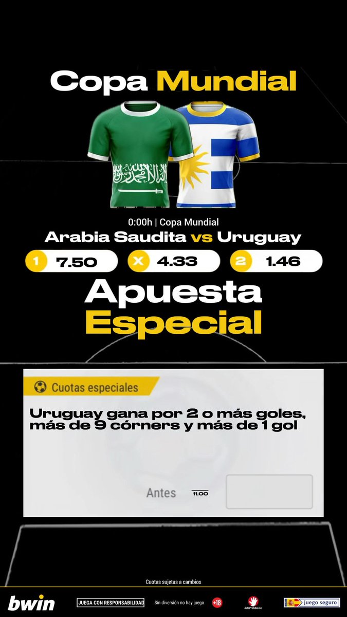 Noche de Copa Mundial en el grupo de España⚽️🏆 🇸🇦🆚🇺🇾 🔶Combi del Lunes➡️ 🇪🇸, 🇧🇪, 🇺🇾 e 🇮🇷 ganan✅cuota a 5.00💥 🔷Especial➡️ 🇺🇾 gana por 2️⃣ o más goles, Más de 9️⃣ córners y más de1️⃣ gol en la 1ª parte➡️Cuota a 12.50🤩 ¡Crea tu apuesta a tu manera! 📲