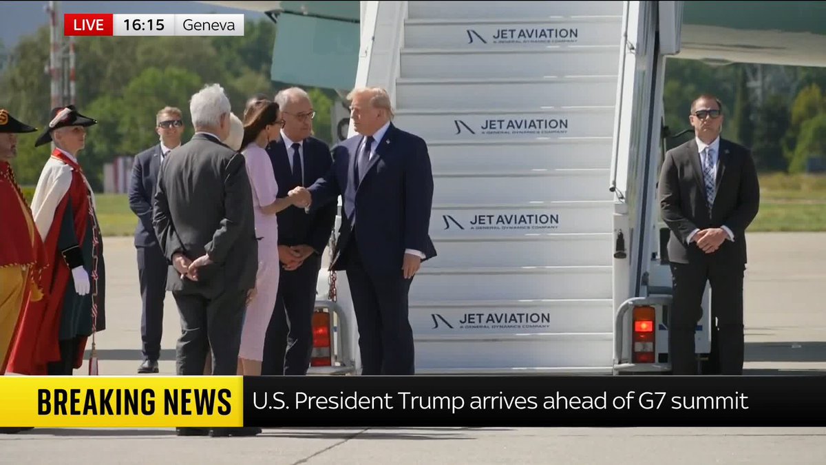 BREAKING: Donald Trump has arrived in Geneva ahead of the G7 summit, which will take place in Évian-les-Bains. @AdamParsons says the US president will face "plenty of questions" from the G7 about the tentative peace framework agreed with Iran ⬇️ Live: