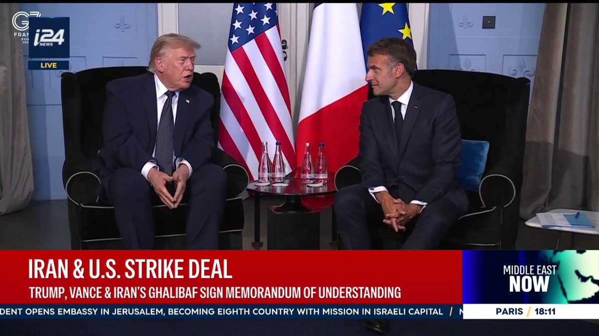 🇺🇸 "Eles não terão uma arma nuclear. Eles concordaram plenamente com isso", diz Donald Trump ao comentar o acordo com o Irã. Fala foi feita durante o encontro bilateral entre o americano e o presidente francês Emmanuel Macron.