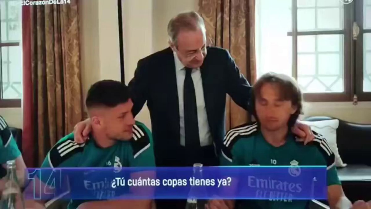 *Antes de la final* Modric: Tengo 4 Champions Florentino: Yo tengo 5 *Despues de la final* Modric: Ya tengo 5 yo también Florentino: Solo? Yo tengo 6