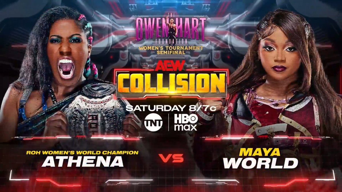 #AEWCollision 8/7c TNT & HBO Max Sat 6/20 #OwenCup Women's Semifinal Athena is ROH & All Elite! vs maya world Maya aims to beat Athena with all the ROH Women's World Champion taught her, but Athena says she didn't teach Maya all SHE knows! See who goes to #ForbiddenDoor, THIS SATURDAY!