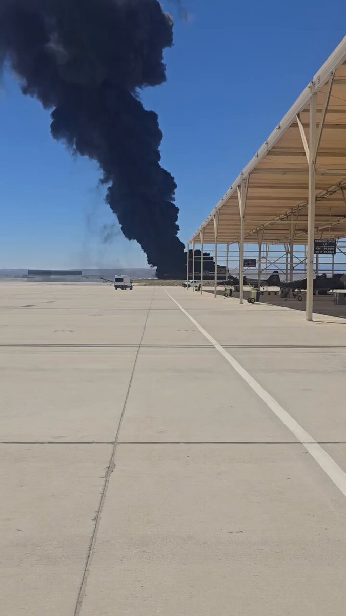Massive B-52 Stratofortress crashes shortly after takeoff at Edwards Air Force Base, CA — huge fireball & black smoke plume captured on video. This is raw footage from the scene just hours ago. You can see the towering column of thick black smoke, raging flames, parked B-52s under the shelter, and personnel on the tarmac as the inferno unfolds. A massive plume visible for miles across the Mojave Desert. Praying for the crew, first responders, and everyone involved. Edwards AFB confirms emergency crews are on scene — situation ongoing. Details on injuries or cause still coming in. Our military flies these legends for a reason — they’re the backbone of deterrence. This hits hard. Thoughts and prayers up. God bless our airmen. 🇺🇸