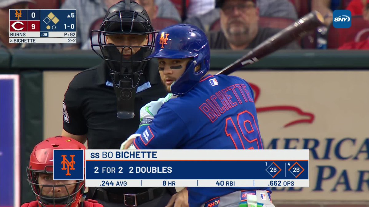 Bo Bichette has all three of the Mets' hits so far tonight