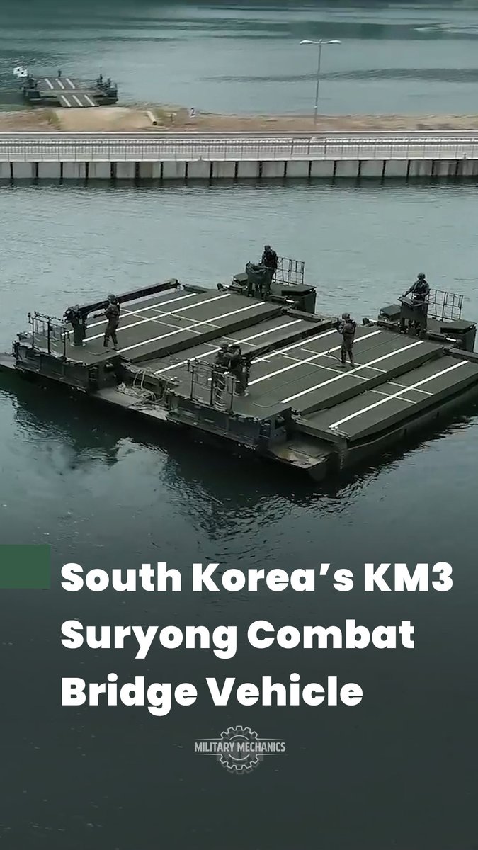 🇰🇷 South Korea got this wild KM3 Suryong amphibious bridge system that turns into a floating river crossing in minutes Combat engineers roll up, deploy it quick, and tanks drive straight across. Perfect for fast moves in rough terrain. Writers: Lucas, Oliver