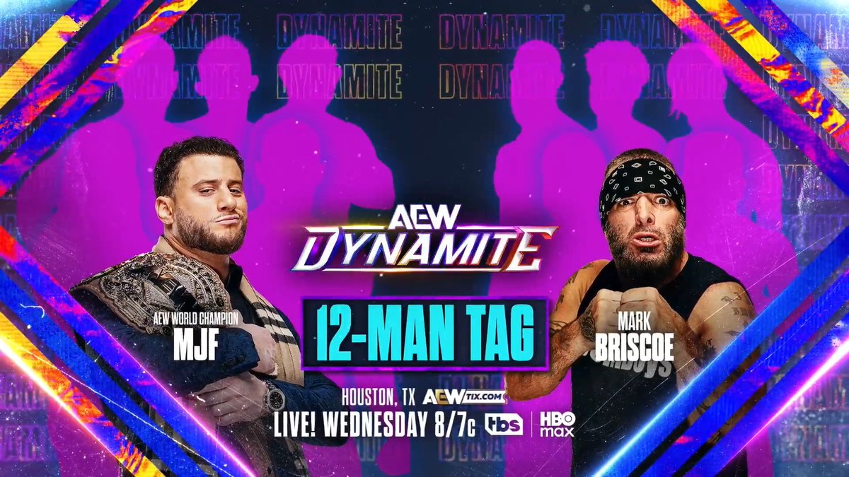 #AEWDynamite 8/7c TBS &amp; HBO Max Wednesday, 6/17 12-Man Tag Team MJF vs Team Briscoe After AEW World Champion Maxwell Jacob Friedman™️ &amp; Mark Briscoe pick their teams for #ForbiddenDoor, before they rage in the cage at the PPV, the 2 teams will fight in a massive 12-Man tag, THIS WEDNESDAY!