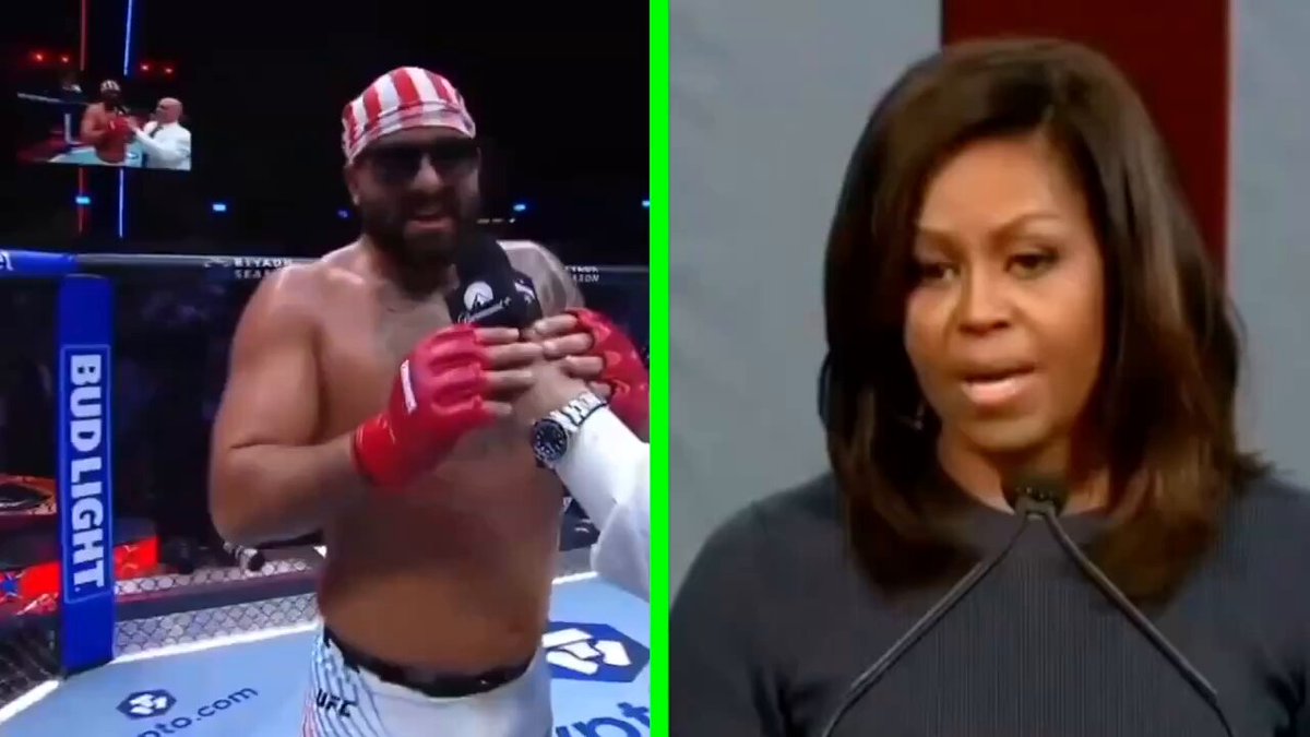 Left: UFC player Josh Hokit standing inside the Octagon in front of the White House, "Michelle Obama is a man" Right: Michelle Obama, "Strong men, men who are truly role models, don't need to put down women to make themselves feel powerful"
