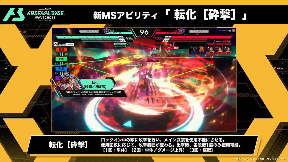 ◤WAVECHOES SEASON:03情報◢ VE3弾より実装される新MSアビリティ「転化［砕撃］」をご紹介✨ ▼「転化［砕撃］」 ロックオン中の敵に攻撃を行い、メイン武装を使用不能にさせる。使用回数に応じて、攻撃範囲が変わる。出撃時、各段階1度のみ使用可能。［1回：単体］［2回：単体／ダメージ上昇］［3回：扇型］