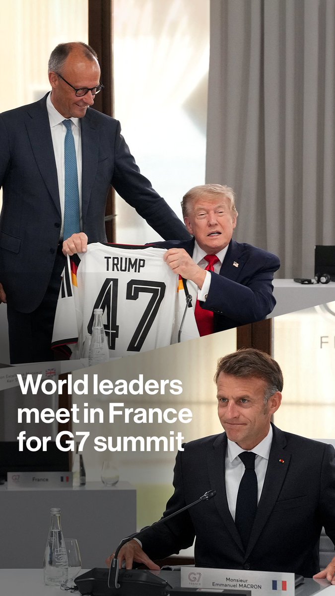 Germany's Merz hands Donald Trump a football jersey with "Trump 47" on the back, as world leaders meet for the G7 meeting in France