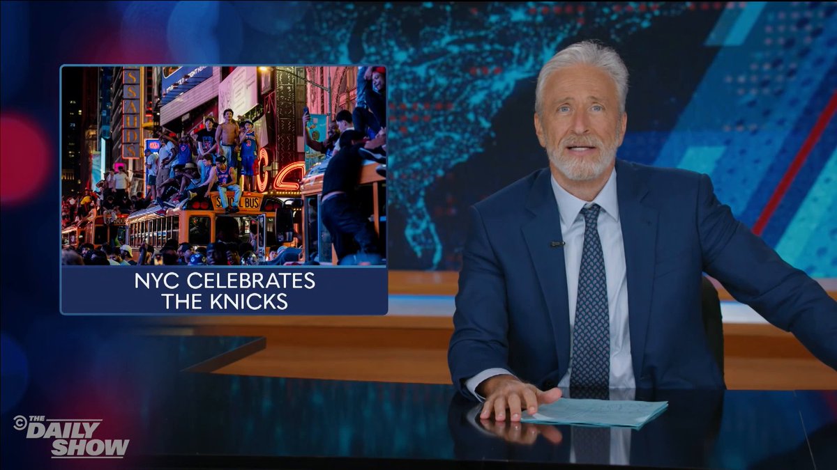 .@JonStewart shouts out all the MVPs of Saturday night's historic NBA championship win for the Knicks, from the players themselves, to the guys with projectors who turned the streets into a giant watch party, to the city workers, to every Spider-Man in NYC