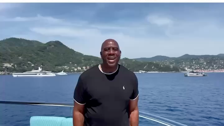 .Karl-Anthony Towns reacts to a surprise message from Earvin Magic Johnson after the New York Knicks won the NBA championship: “I've always wanted to play like him."