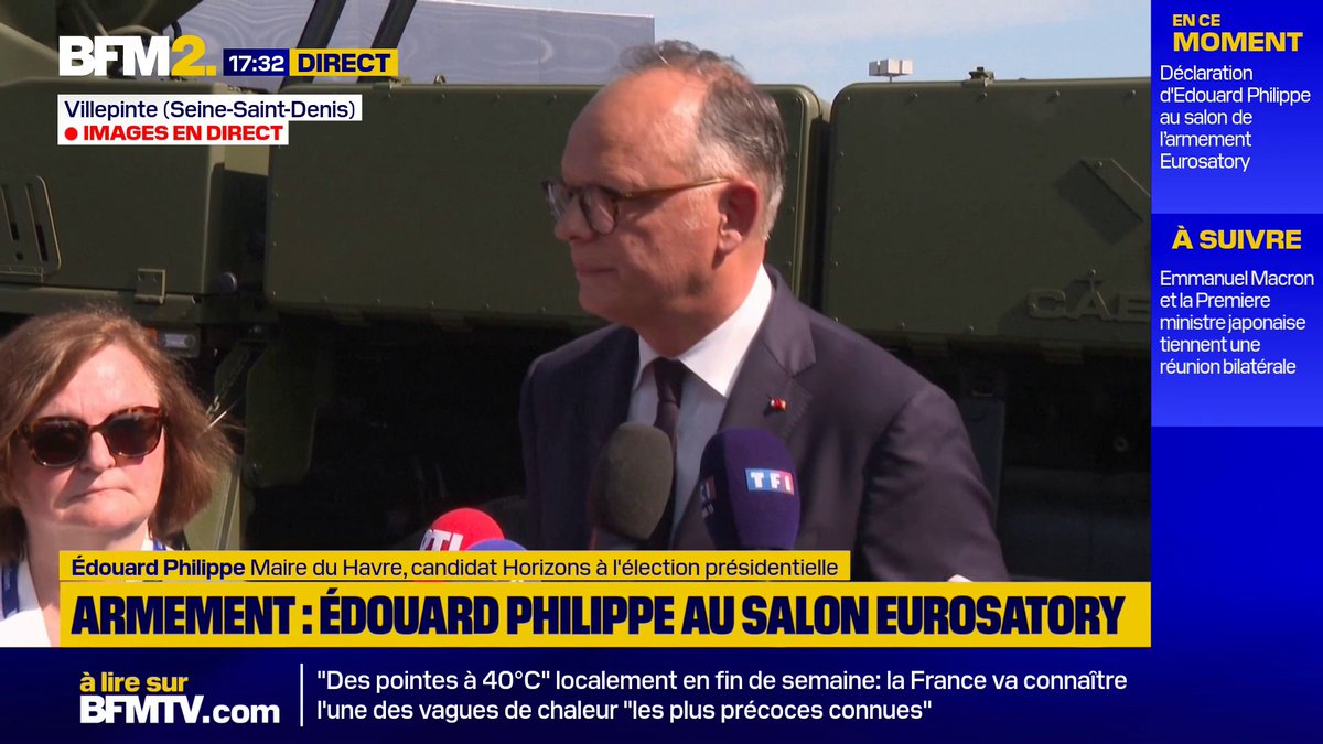 "Je suis ici pour parler de la défense (...). Je ne suis pas en guerre avec Gabriel Attal", lance le candidat à l'élection présidentielle, Edouard Philippe, au Salon mondial de la défense #BFM2