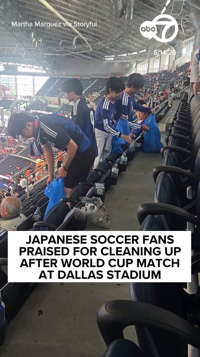 Japanese soccer fans stayed behind to clean up where they were sitting after Japan's draw with the Netherlands on Sunday at Dallas Stadium. This has become a tradition with Japanese fans that extends to the players who are known for always cleaning up locker rooms after their matches. ⚽