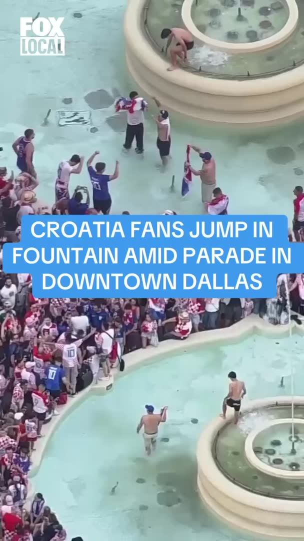 The Croatia parade in Downtown Dallas ended with a splash as fans jumped in the fountain at Ferris Plaza, waving their flags in honor of the World Cup match against England tomorrow at 3pm CST.