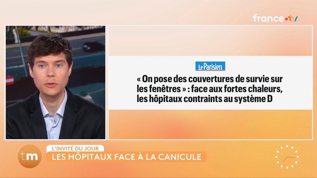 🗣️ "Des patients racontent être dans des chambres avec des stores cassés, avec une température qui peut monter à 35°C, et obligés de s'acheter eux-mêmes des ventilateurs." Nicolas Berrod, journaliste Le Parisien, dénonce la vétusté des hôpitaux et des conséquences lors des canicules. #Telematin