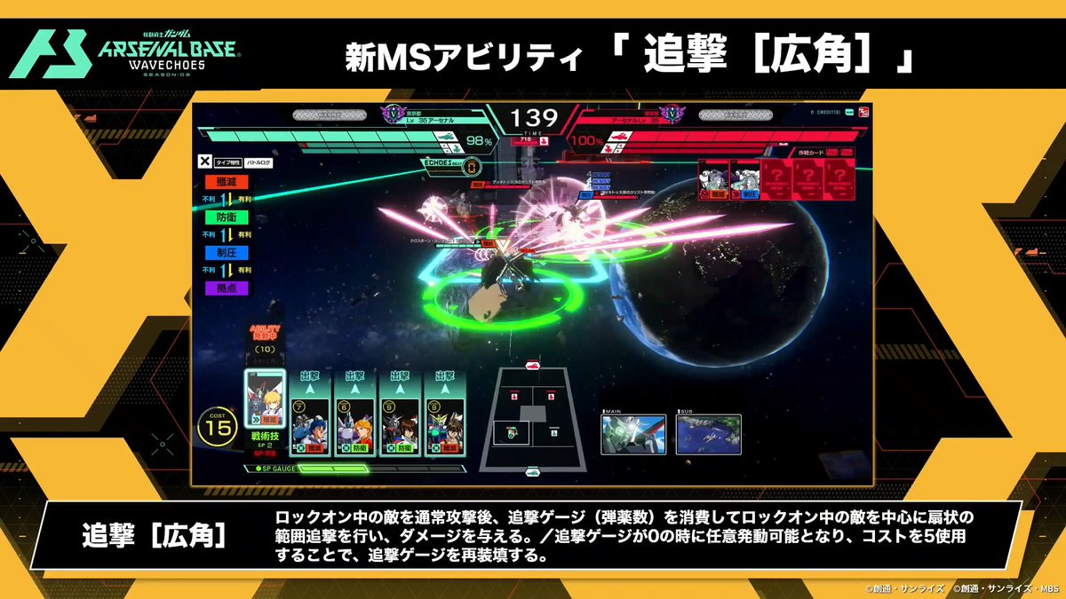 ◤WAVECHOES SEASON:03情報◢ VE3弾より実装される新MSアビリティ「追撃［広角］」をご紹介✨ ▼「追撃［広角］」 ロックオン中の敵を通常攻撃後、追撃ゲージ（弾薬数）を消費してロックオン中の敵を中心に扇状の範囲追撃を行い、ダメージを与える。／追撃ゲージが0の時に任意発動可能となり、コストを5使用することで、追撃ゲージを再装填する。