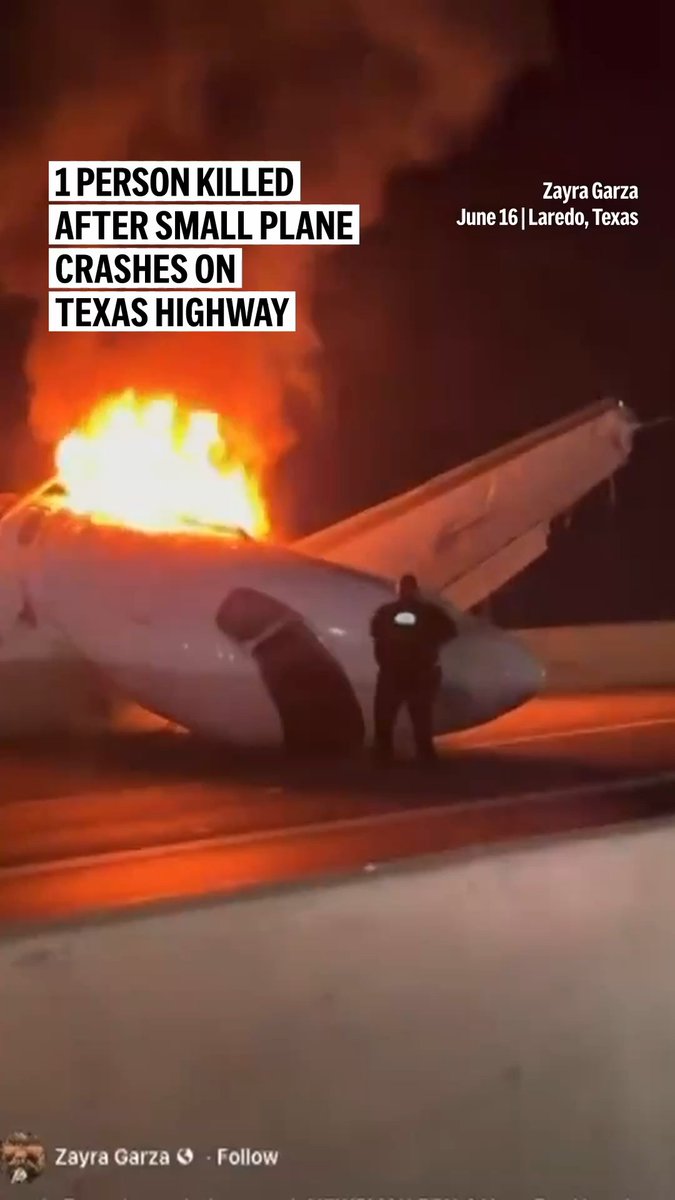 A business jet with six people on board crashed on a highway in Laredo, Texas, and caught fire Tuesday night, authorities said, killing one person and causing chaos as people left their vehicles to frantically try to smash the cockpit window and free those inside.