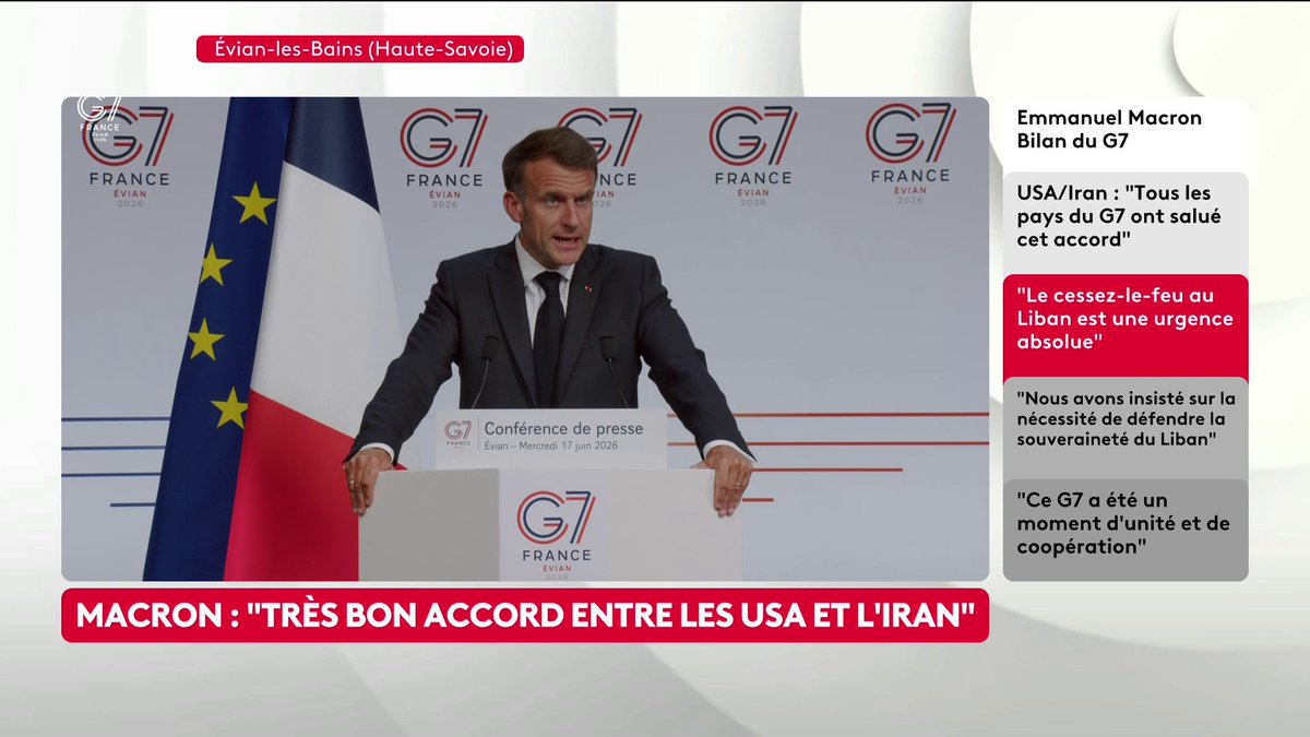 🔴 🗣 G7 : E. Macron rappelle "la nécessité de protéger l'enfance en ligne". Il souligne aussi "l'importance de mieux réguler l'IA" face aux risques qu'elle fait peser sur les démocraties libérales. #canal16