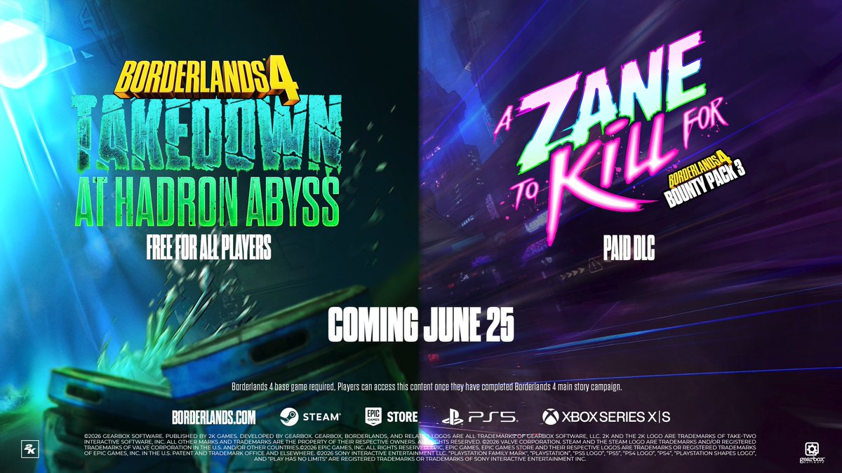 Tune in tomorrow, June 18, for a new Gearbox DevCast with the official reveal of new Borderlands 4 content: 🔸 Takedown at Hadron Abyss (free for all players) 🔸 Bounty Pack 3: A Zane to Kill For (paid DLC)
