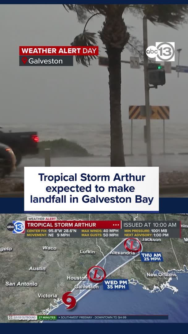Weather Alert: Heavy rain continues as Tropical Storm Arthur moves in. The storm is now expected to make landfall along the Galveston Bay today. Winds are currently at 40mph with gusts to 50.