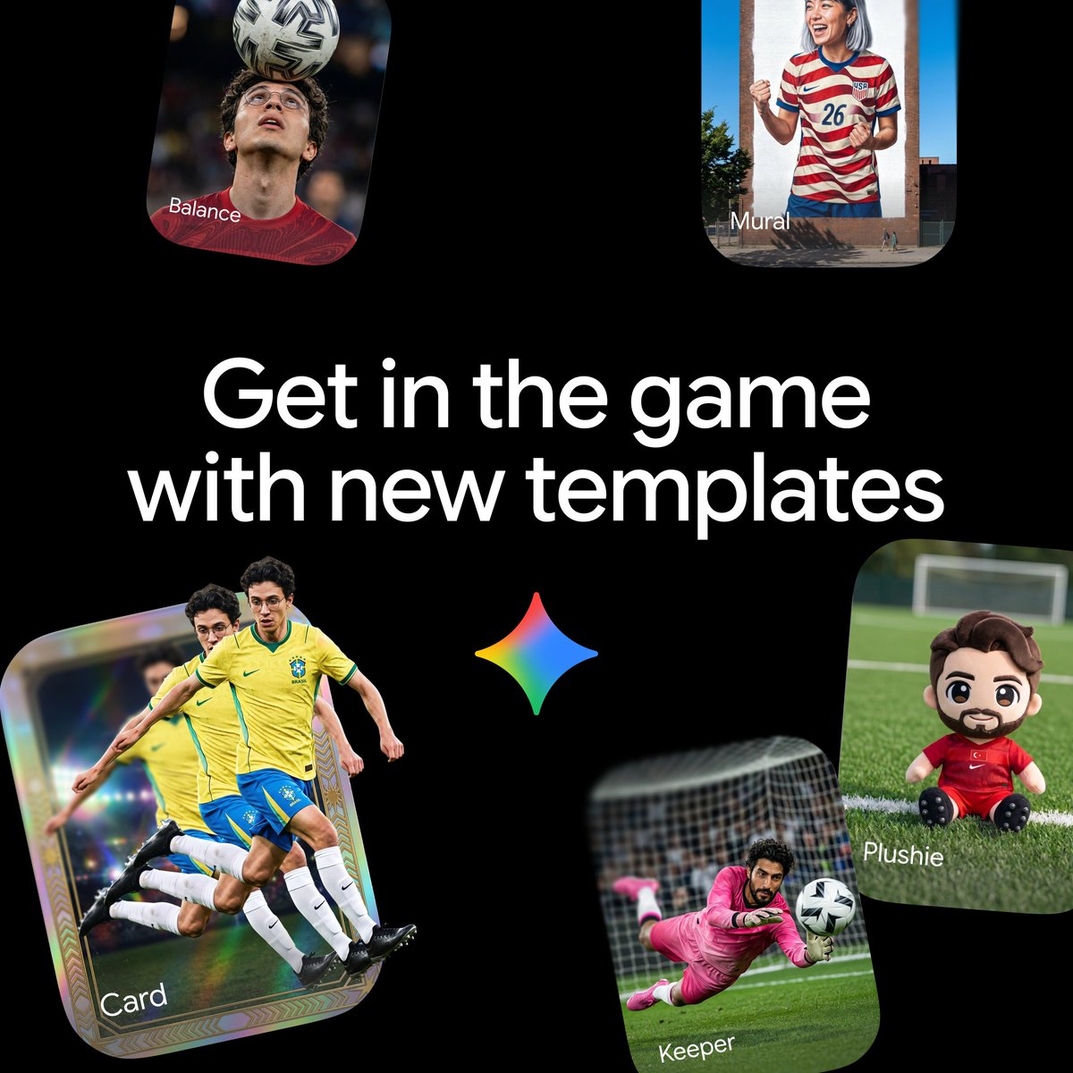 Show off your team loyalty and turn your selfies into custom trading cards, murals, cartoons, and more with the new Nano Banana 2 templates in Gemini. ⚽️