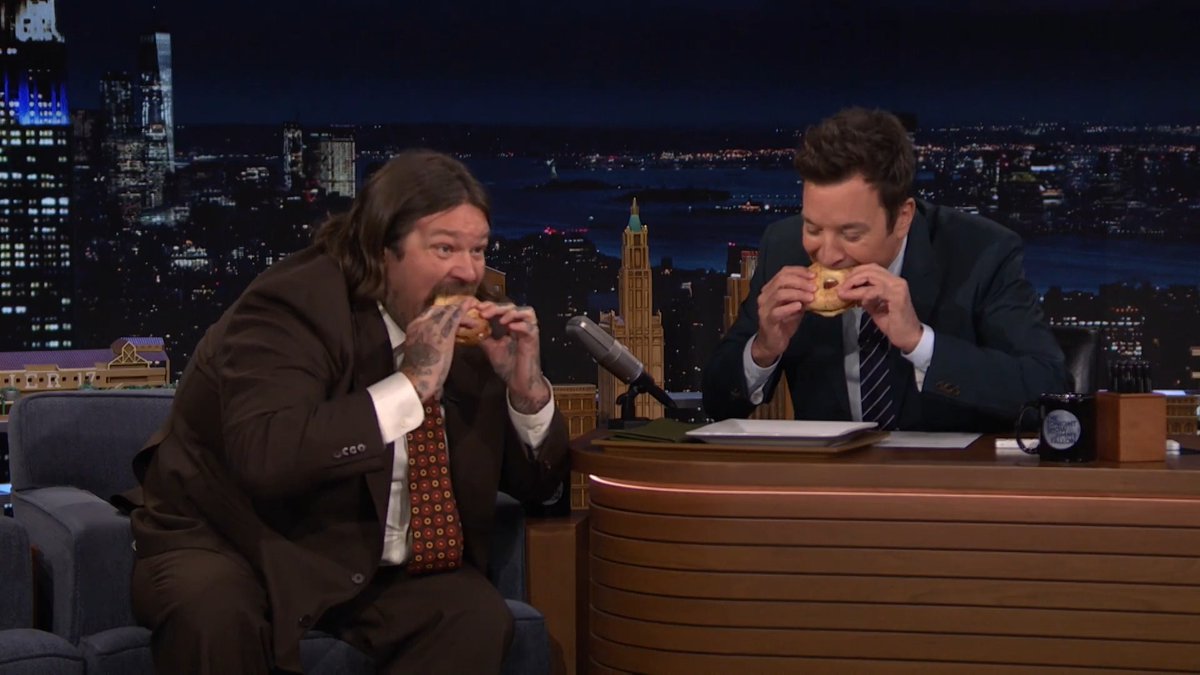.MATTY MATHESON brings Jimmy his Tim Hortons go-to: cream cheese, strawberry jam and bacon on an everything bagel! #FallonTonight