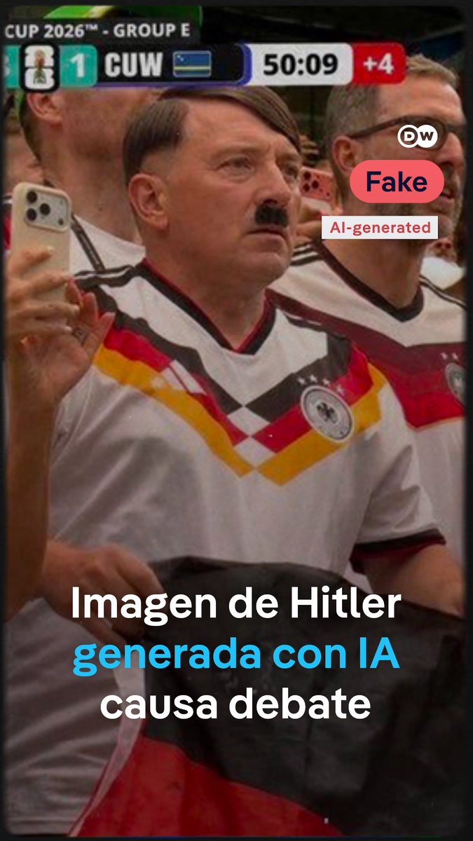 No hubo un hombre parecido a Hitler en el partido de Alemania - Curazao en el Mundial de fútbol Una imagen viral mostraba a un supuesto doble de Hitler en la grada durante el partido Alemania - Curazao del Mundial 2026. La foto acumuló millones de visitas. Pero el equipo de verificación de DW confirmó que fue creada con inteligencia artificial. La retransmisión original muestra a otra persona en ese lugar.