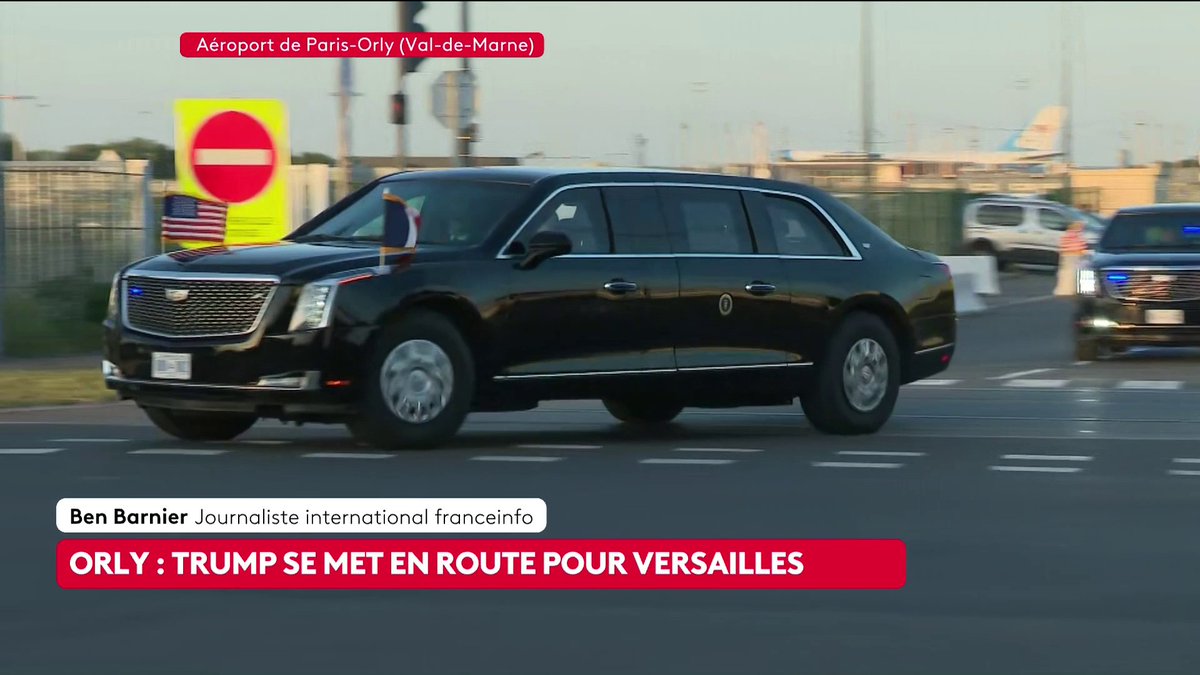 🔴 🗣️ Donald Trump en route pour Versailles, un impressionnant cortège à ses côtés "Tous les véhicules qui passent ici sont passés par des éléments de filtre", explique notre journaliste Ben Barnier depuis l'aéroport d'Orly. Loïc de La Mornais #SurLeTerrain #Canal16