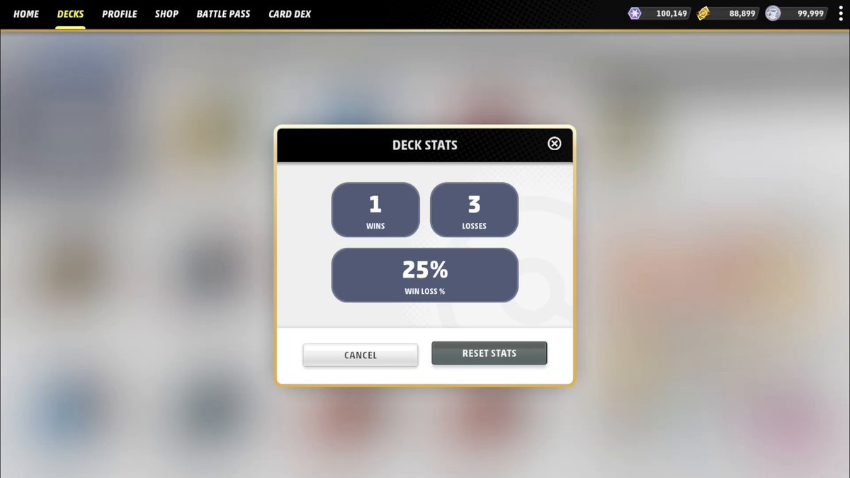 Deck stats for individual decks are now live within the Deck Editor 📊 You can view the total wins, losses, and calculated win rate for each deck, as well as reset the stats for a deck at any time!