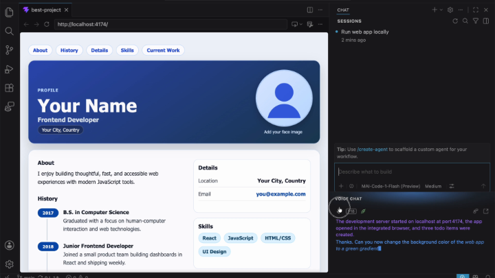 What happens when speech, transcription, and coding models work together? This prototype demo, built using a VS Code fork, showcases how MAI-Transcribe, MAI-Voice, and MAI-Code-1-Flash can work together in a unified workflow to transform spoken instructions into working code.