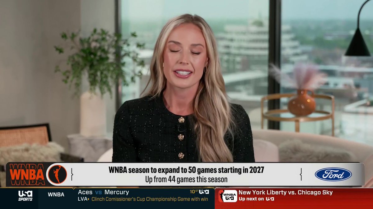 "My knees are already starting to hurt a little bit more" 😂 Sophie and the crew on the WNBA season expanding to 50 games in 2027, up from 32 games when Chamique was playing in 1999 ⬇️