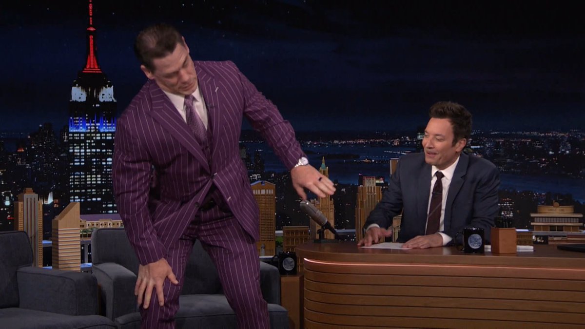 .John Cena demonstrates how he would get up on Tuesday mornings after a night of WWE wrestling 😭 #FallonTonight