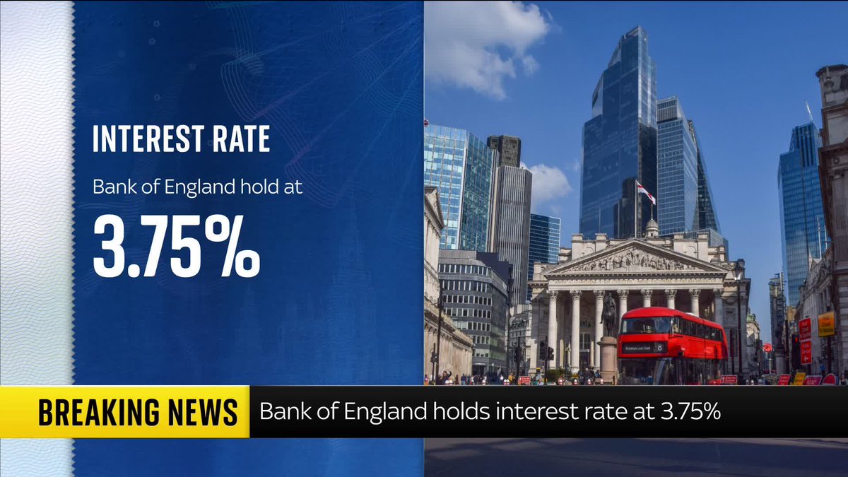BREAKING: The Bank of England has held its interest rate at 3.75% - for the fourth time in a row. Follow our money blog for live updates: 📺 Sky 501, Virgin 602, Freeview 233 and YouTube