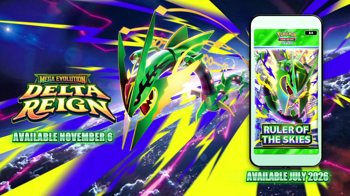 The powerful Sky High Pokémon Rayquaza will soon descend 🐉🌪️ Enjoy the early reveal of #RulerOfTheSkies, the set after next that will be landing in #PokemonTCGPocket in late July 👀 Make sure to stay tuned, as information about the June set release is coming soon!