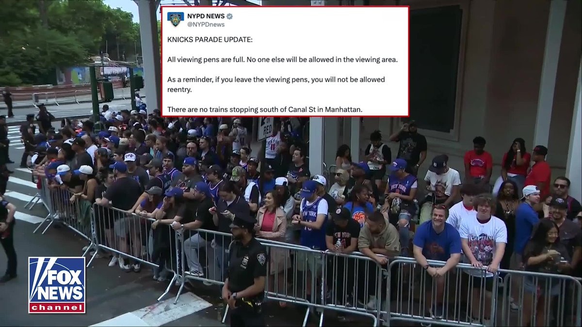 JUST IN: The New York Police Department declaring there’s no more room for spectators at the Knicks championship parade hours before the event is set to kick off. All viewing pens for the Knicks championship parade are full, and officials say no one else will be allowed into the designated viewing areas. If you're already inside, don't leave, reentry won't be allowed.