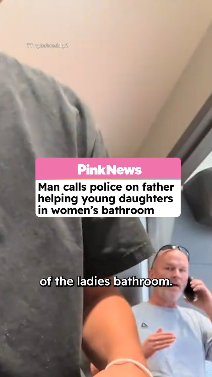 A father has shared a video showing the moment a man called the authorities on him for helping his daughters out in the bathroom. Tyler Brodsky posted the video to his social media with the caption: "Y’all make this man famous." He explained that he and his family were stopping off at a store on a road trip. He said the women’s restroom was empty, so he took them in. "I’d rather do that than bring two little girls into a men’s bathroom full of grown men and dirty stalls."