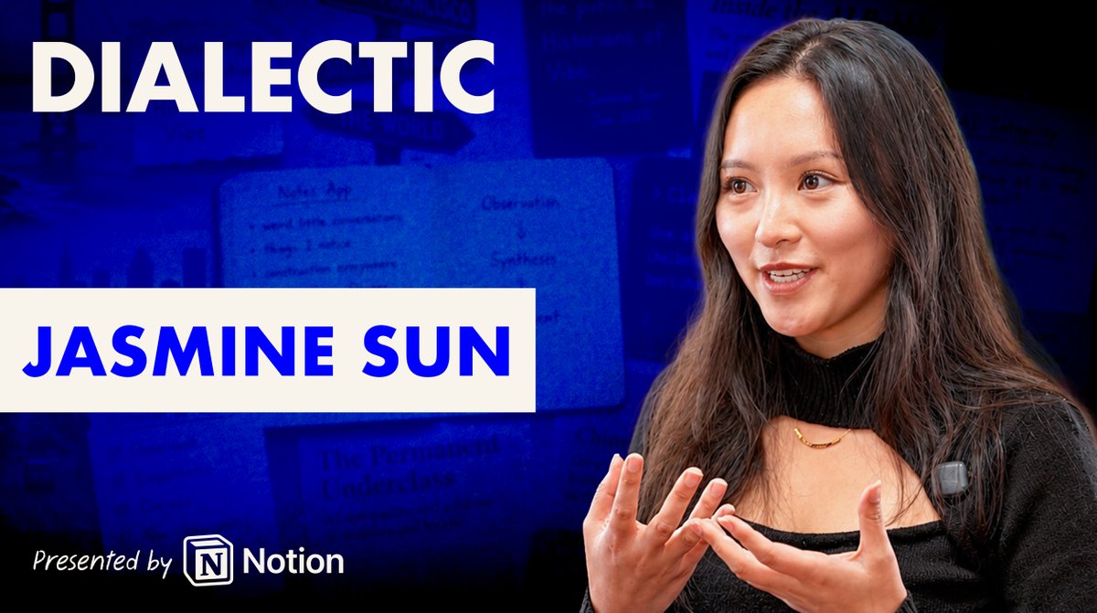 Jasmine Sun quit her tech job to tell the world about what she's seeing up close in Silicon Valley. Dialectic 49: jasmine sun! I talked to her about the depth behind SF's memes, why quitting her job wasn't risky, and her "AlphaGo" moment--and why she'll keep writing anyway. Jasmine writes independently on Substack--where she used to lead core product--and for publications like The Atlantic and The New York Times. Timestamps: 0:00 - Opening Highlights 1:30 - Intro to Jasmine 3:24 - Start: Being a "Historian of Vibe" and Learning to Look 15:00 - Taste for Questions & The Depth Behind Memes 24:28 - Translating Between Silicon Valley and The World 40:27 - Substack vs. "Serious" Journalism and Integrity as a Writer 47:35 - Integrity when Using AI and the AlphaGo Question 58:42 - Strategy Across Publications & Maximizing an Idea's Reach 1:06:45 - Going Independent, Risk, and Commercial Tradeoffs 1:24:35 - Great Writing: Style, Voice, and Resisting Summary 1:35:35 - Literary Inspirations, Favorite Essays, Writing vs. Thinking, and Getting Better 1:51:09 - Writing to Publish, Authenticity, and Art 2:00:38 - Grab Bag: China, Silicon Valley's Virtues and Problems, AI Transition, The Relational Economy, Parties, Debates, Self Belief, and More Full episode of Dialectic with Jackson Dahl 49: Jasmine Sun - Close Enough to See Clearly - as well as transcript and links to all platforms are available below.
