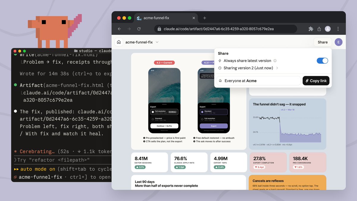New in Claude Code: Artifacts. Interactive pages built from your session, like a PR walkthrough or a living project dashboard, shared with your team at a private link. Available in beta on Team and Enterprise plans.
