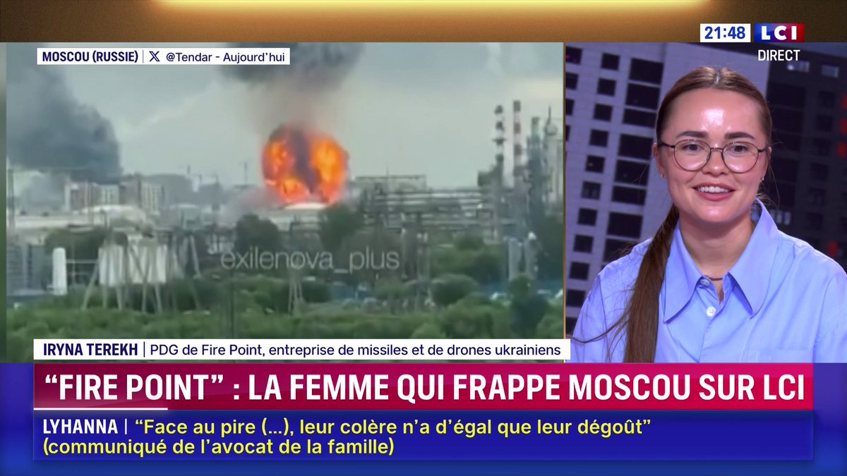 🗣️ Raffinerie attaquée : "Grâce à notre travail, nous avons pu pénétrer plusieurs défenses anti-aériennes russes pour frapper précisément la cible." 💬 Iryna Terekh, PDG de Fire Point, entreprise de drones et missiles ukrainiens ayant frappé Moscou la nuit dernière