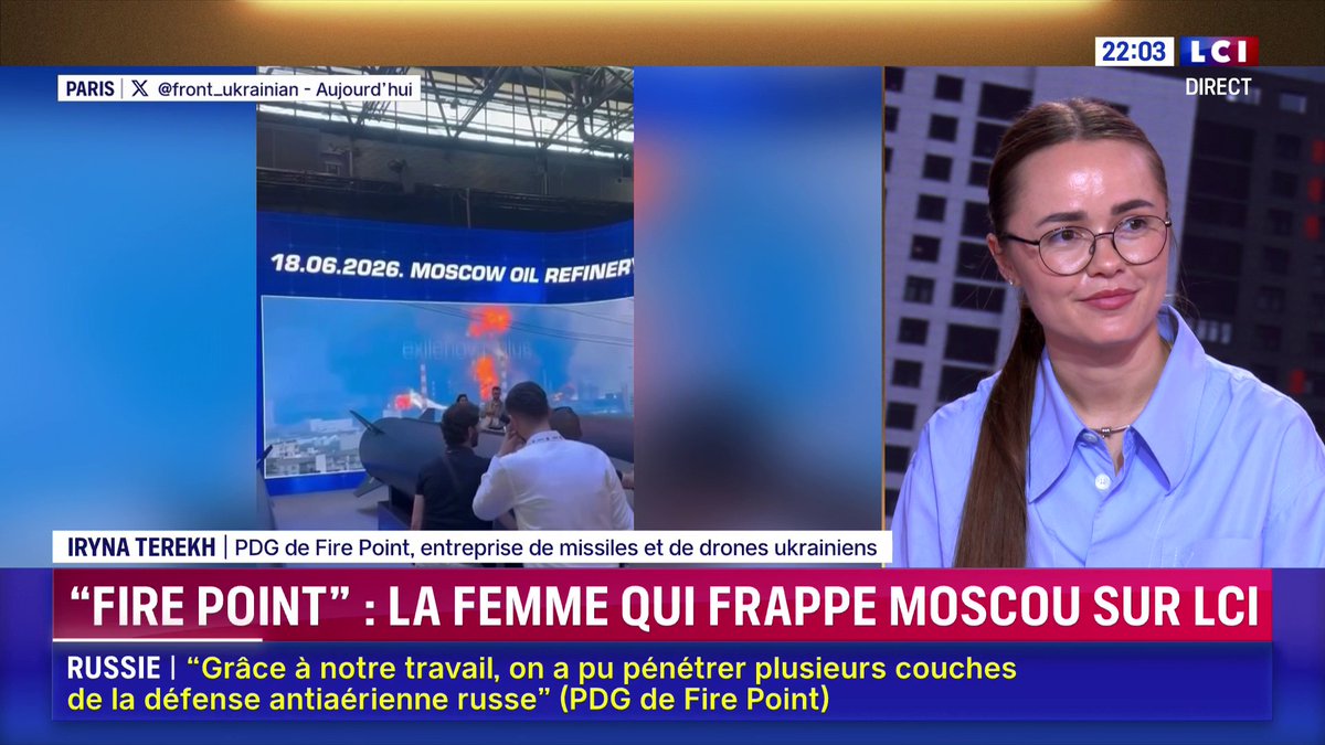 ▶️ Sur LCI, Iryna Terekh, PDG de Fire Point, assume les frappes contre la Russie : 💬 "Nous pouvons piquer les Russes au vif comme nous le souhaitons, ils le méritent. Pour chaque enfant assassiné en Ukraine et pour chaque crime de guerre commis, ils récoltent ce qu’ils ont semé"