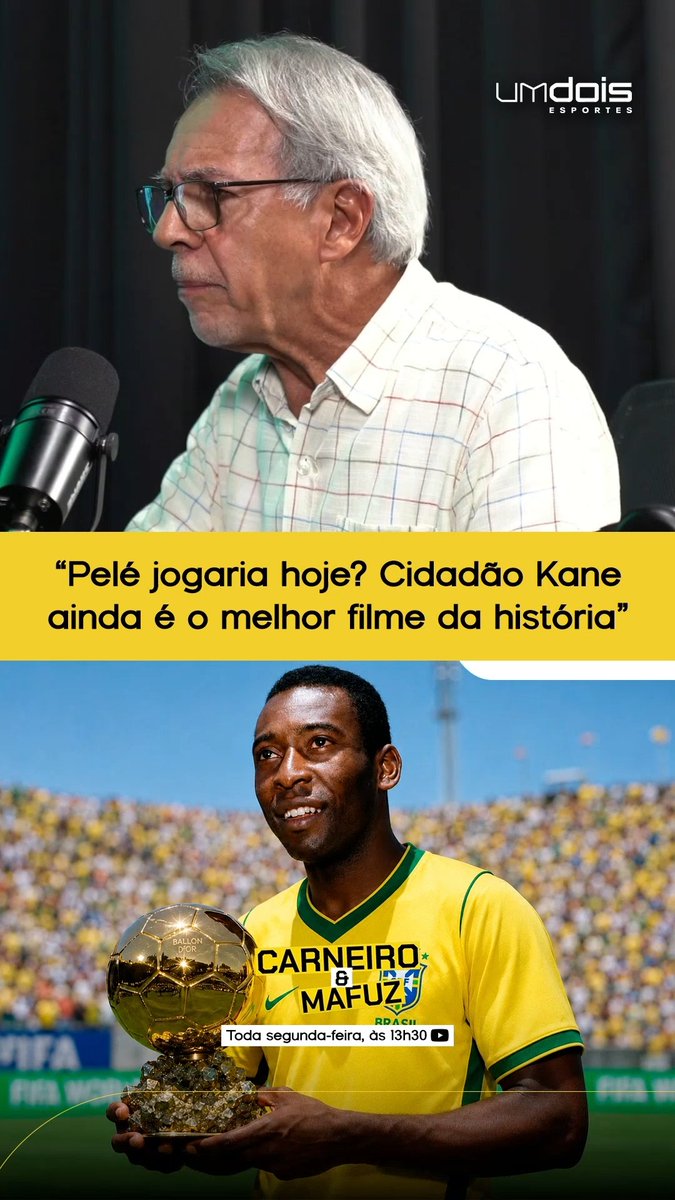 "Ah, mas será que o Pelé jogaria hoje?" 🎙️ "Eu digo, Cidadão Kane foi um filme de 1941, continua sendo o melhor filme de todos os tempos. Com a tecnologia, o Spielberg não conseguiu fazer um filme tão bom quanto Cidadão Kane. Então quem era bom naquela época, seria bom hoje. Adaptado, evidentemente, principalmente, com a condição física que se tem hoje" 🎥 Edson Militão, no podcast Carneiro & Mafuz