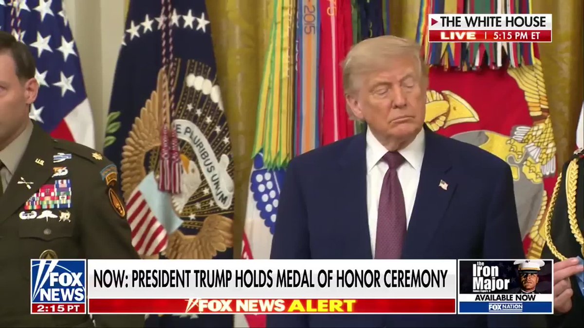President Trump awards the Medal of Honor to retired Army Maj. Nicholas Dockery during a White House ceremony. Then-2nd Lt. Dockery earned the nation's highest military honor for his actions during a Taliban ambush in Afghanistan on October 2, 2012. Despite intense enemy fire, he repeatedly risked his life to rescue wounded soldiers and later directed helicopter support as his unit evacuated the wounded. Dockery is one of three veterans being recognized by President Trump for extraordinary acts of valor.