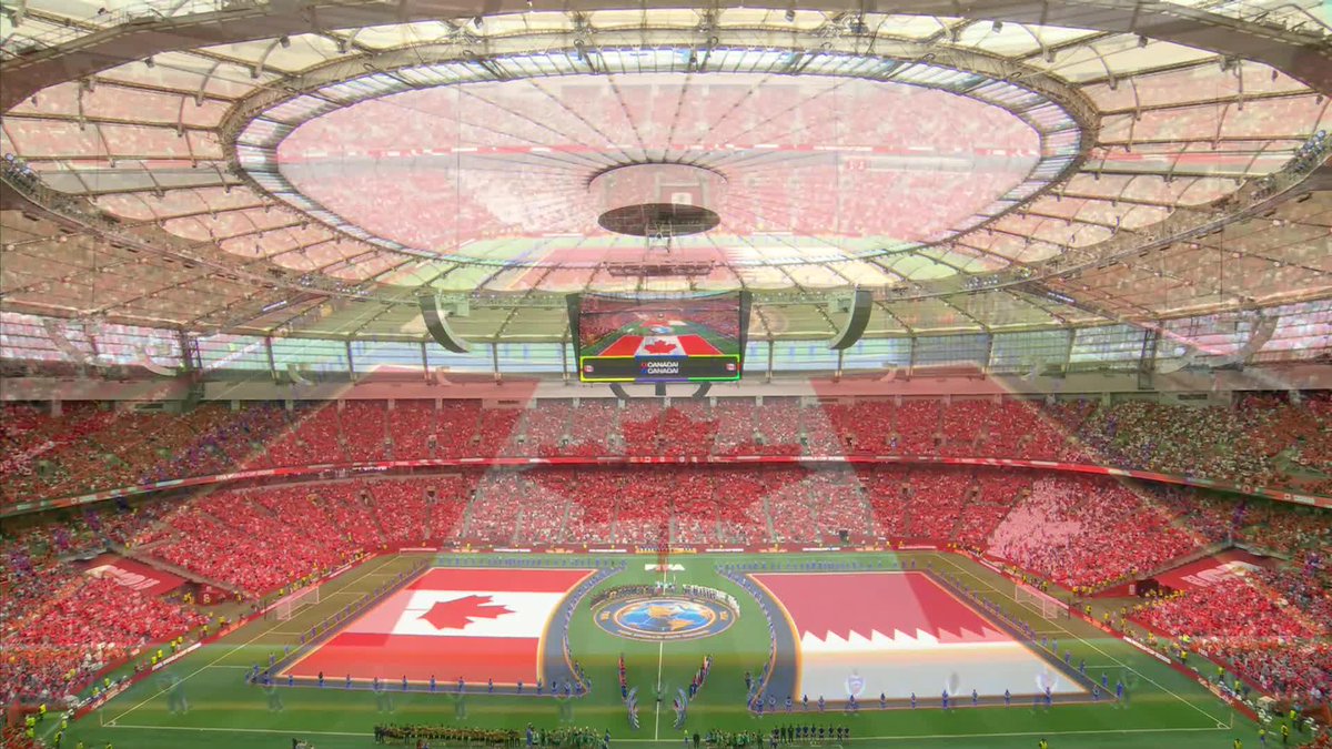 The Canadian National Anthem is belted out in Vancouver as the #CanMNT gets ready for kick-off! #FIFAWorldCup