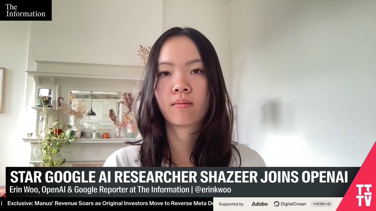 Google's star AI researcher Noam Shazeer just left for OpenAI. "Noam was working on pre-training at Gemini… And pre-training is something that Google is viewed to be really strong at. And OpenAI is viewed to have been kind of weaker at.” It’ll help as “OpenAI tries to catch up to Anthropic’s most advanced models." — Erin Woo