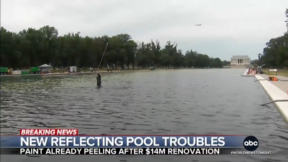 Washington’s iconic Reflecting Pool is still green from persistent algae – and now the brand new “American Flag Blue” paint is peeling off the bottom. As crews clean the pool, @JonKarl reports on mounting questions over the $14 million project.